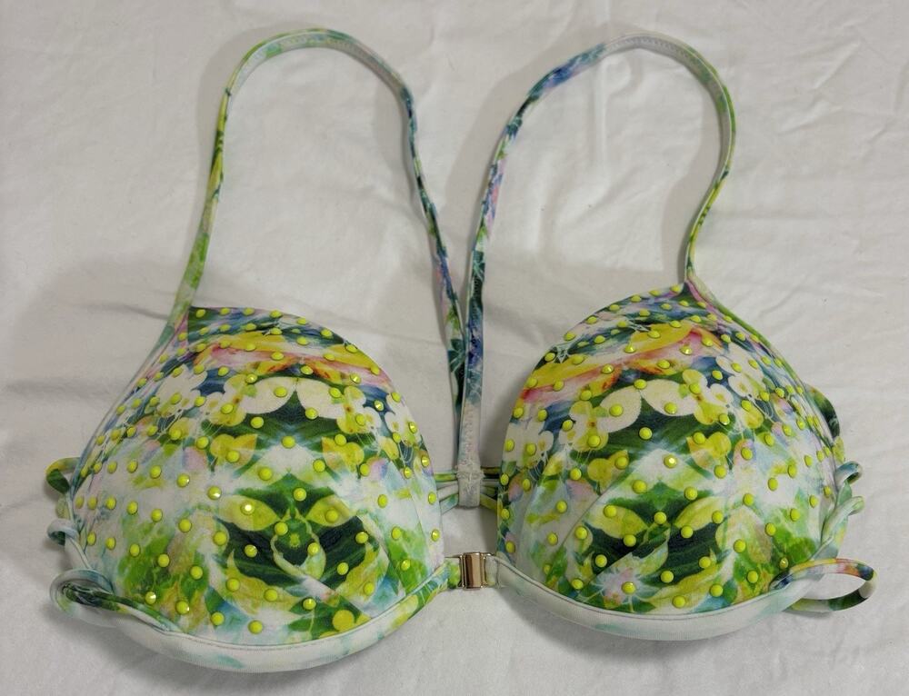 Victoria's Secret 34B Studded Push Up Bra Strappy Geometric Lime Green Vacation